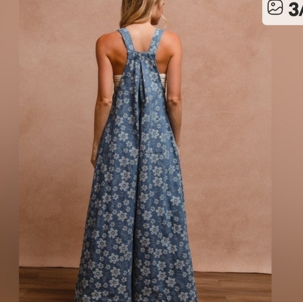 New BiBi Floral Blue Women's Jeans Overalls - Picture 3 of 4